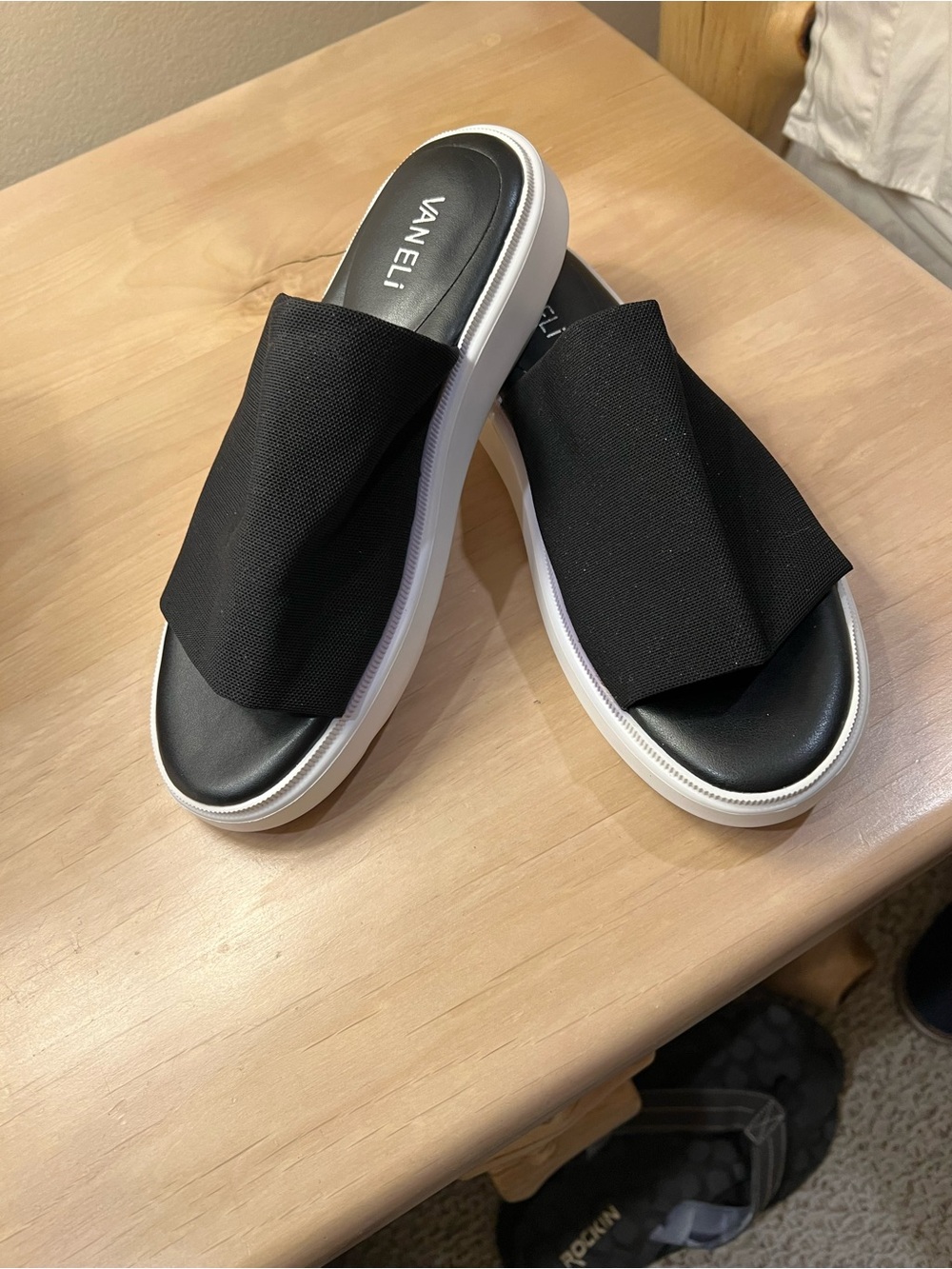 Vaneli Black Fabric Slide Sandals with White Platform Sole